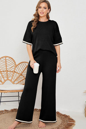 - Contrast Trim Half Sleeve Sweater & Wide Leg Pants Set - Two Piece Pants Sets at TFC&H Co.