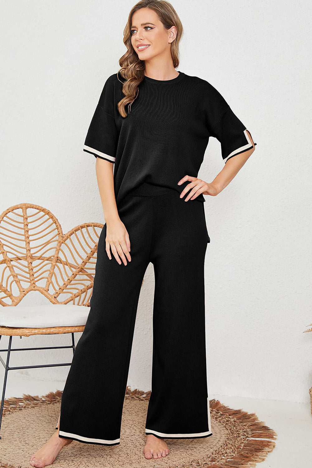 - Contrast Trim Half Sleeve Sweater & Wide Leg Pants Set - Two Piece Pants Sets at TFC&H Co.