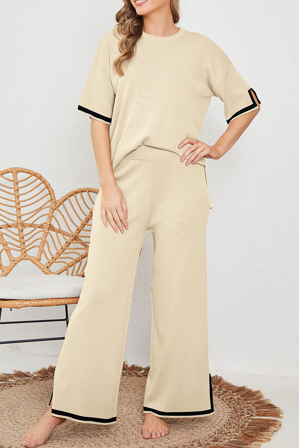 - Contrast Trim Half Sleeve Sweater & Wide Leg Pants Set - Two Piece Pants Sets at TFC&H Co.