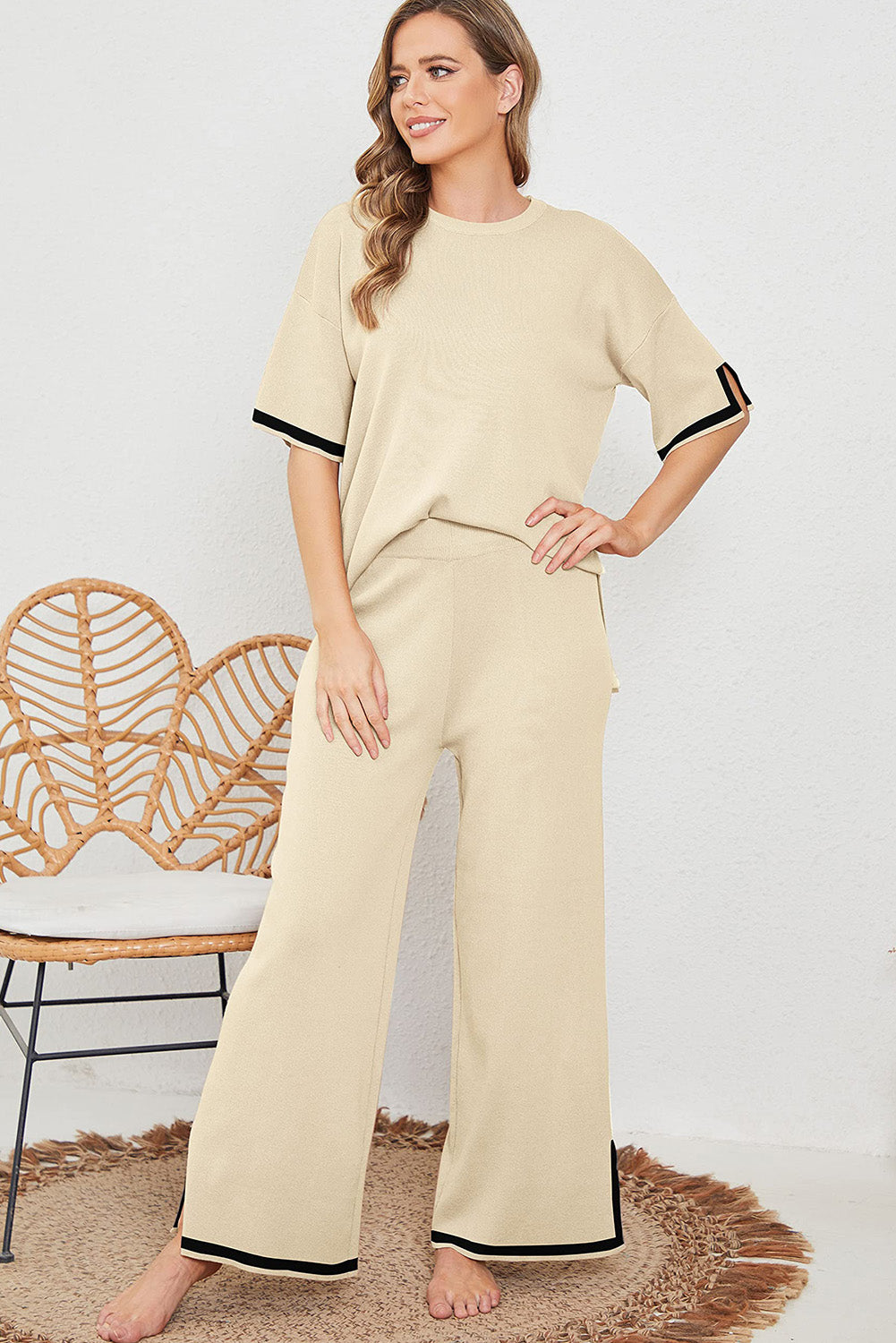 - Contrast Trim Half Sleeve Sweater & Wide Leg Pants Set - Two Piece Pants Sets at TFC&H Co.