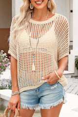 APRICOT - Fishnet Knit Ribbed Round Neck Short Sleeve Tee - T Shirts at TFC&H Co.