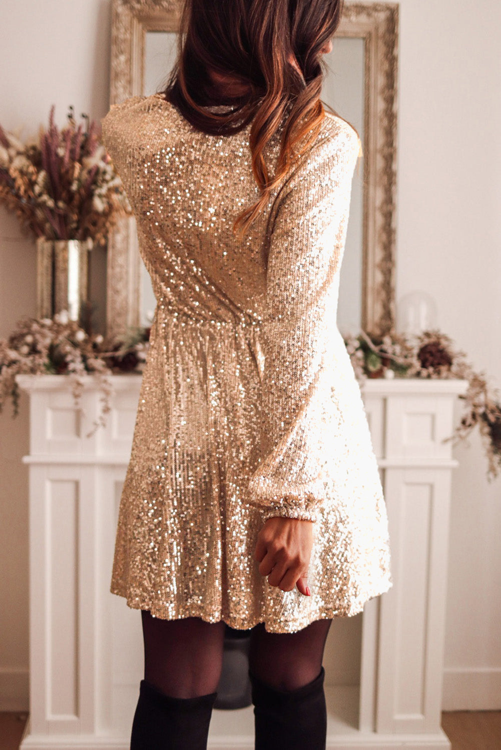 - Apricot Wrapped V-neck Sequin Dress - womens dress at TFC&H Co.