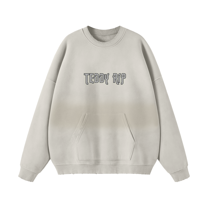 Light Gray Teddy Rip Word Streetwear Unisex Colored Gradient Washed Effect Pullover - unisex sweaters at TFC&H Co.