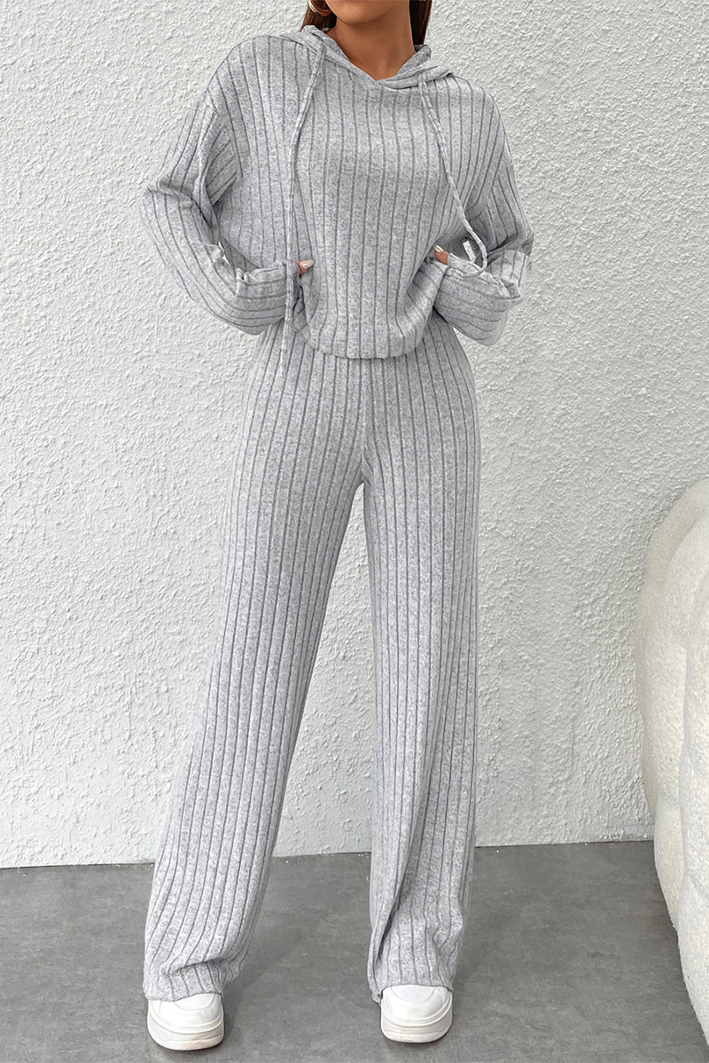 Gray pants set 85%Polyester+10%Viscose+5%Elastane - Ribbed Knit V Neck Slouchy Two-piece Outfit - pants or short set various colors - women's pants set at TFC&H Co.