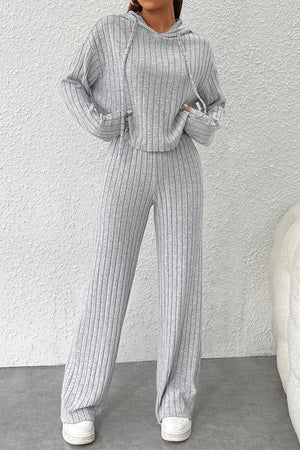Gray pants set 85%Polyester+10%Viscose+5%Elastane Ribbed Knit V Neck Slouchy Two-piece Outfit - pants or short set various colors - women's pants set at TFC&H Co.