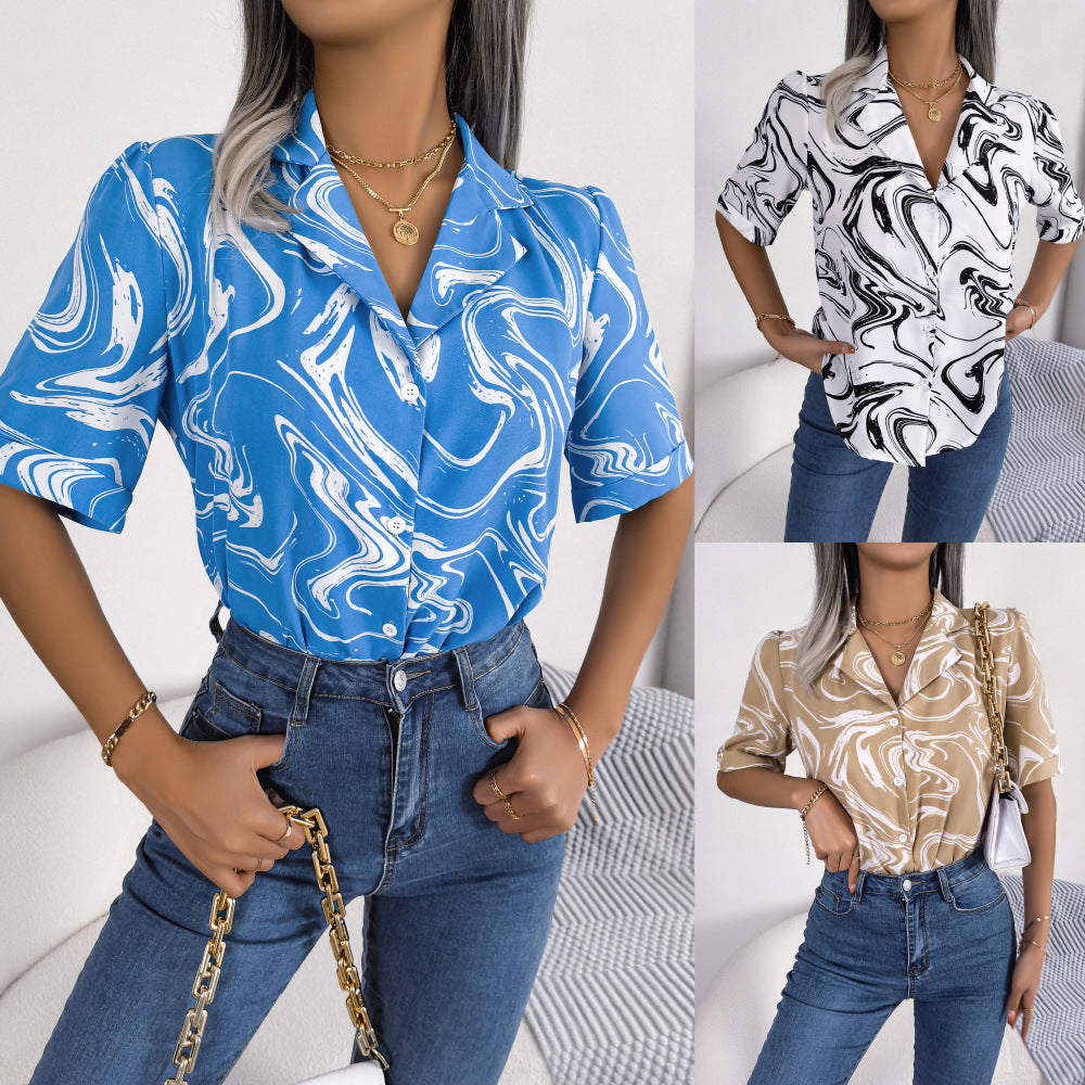 - Fashion Swirled Summer Casual Lapel Shirt For Women - womens button up shirt at TFC&H Co.