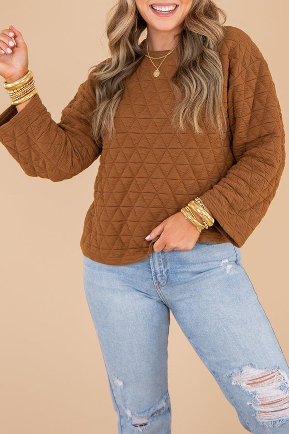 Chestnut/Shirt 95%Polyester+5%Elastane Solid Quilted Pullover and Pants Outfit Set, Shirt, or Hoodie- various colors - women's pants set at TFC&H Co.