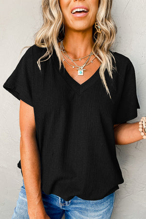 Black - Plain Crinkled V Neck Short Sleeve Blouse for Women - womens blouse at TFC&H Co.