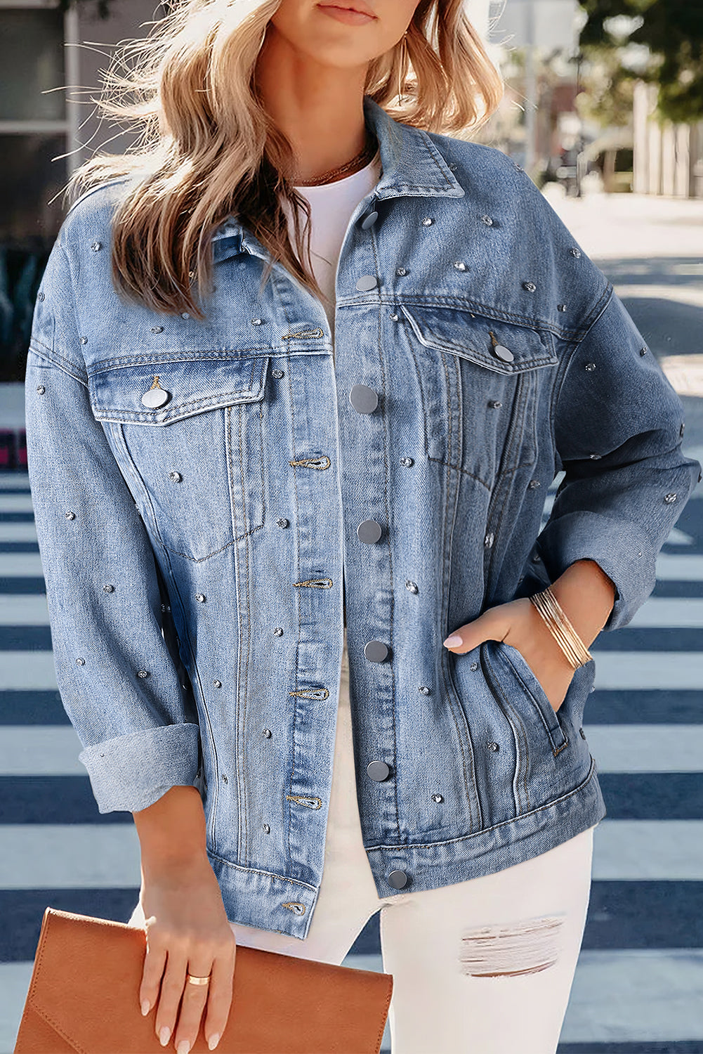 Mist Blue 85%Cotton+15%Polyester Rhinestones Studded Women's Denim Jacket - women's denim jacket at TFC&H Co.