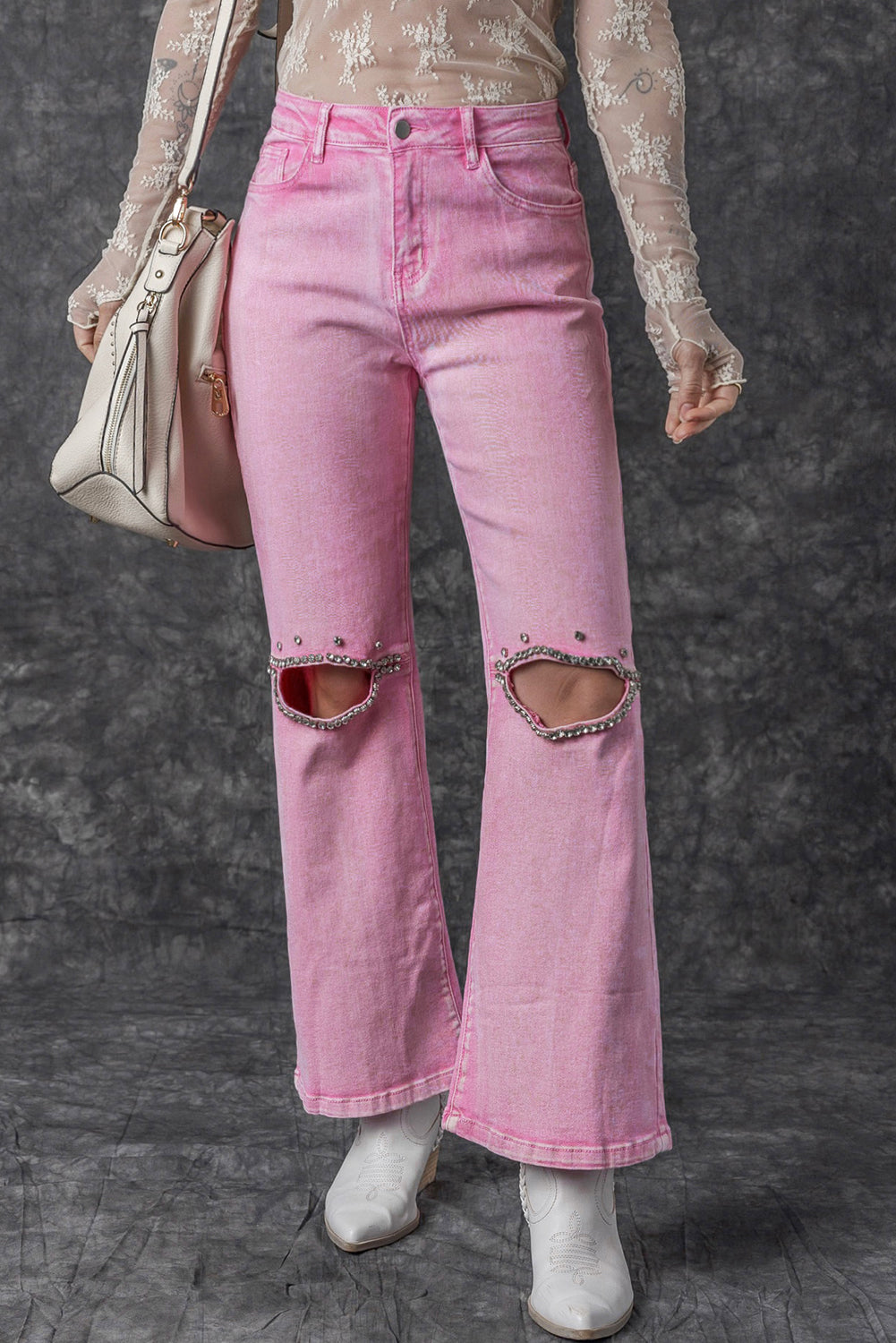 Pink 98%Cotton+2%Elastane - Pink High Waist Rhinestone Cutout Wide Leg Jeans - women's jeans at TFC&H Co.
