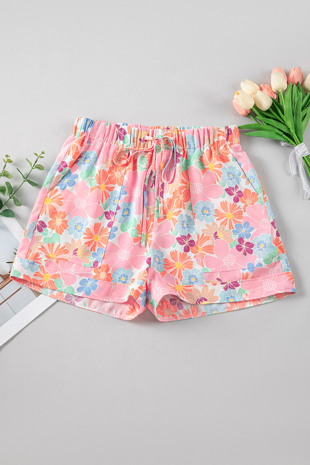 - Pink Floral Print Side Pockets Drawstring Casual Shorts - womens shorts at TFC&H Co.