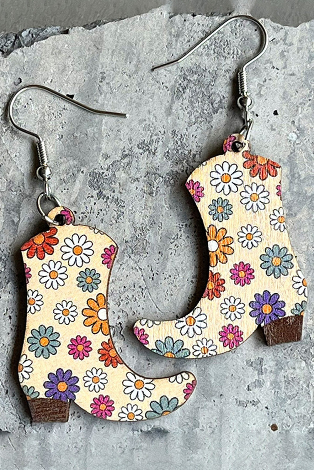 Multicolor ONE SIZE - Multicolor 60s Floral Print Wooded Boots Earrings - Earrings at TFC&H Co.