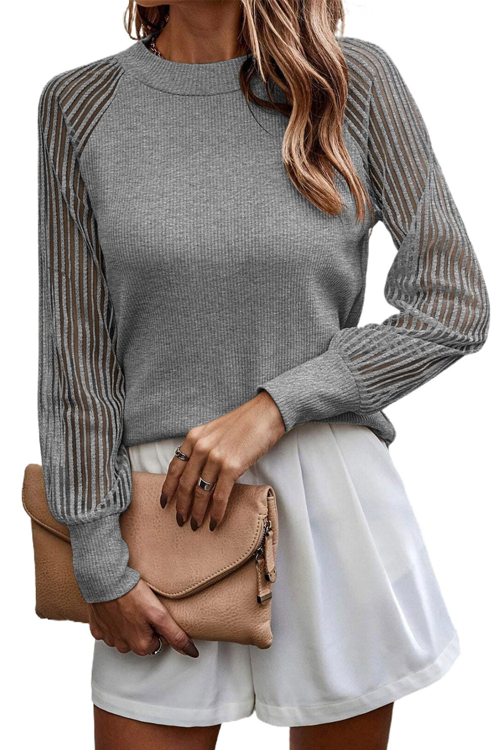 Mesh Long Sleeve Crewneck Ribbed Top - 3 colors to choose from - women's shirt at TFC&H Co.