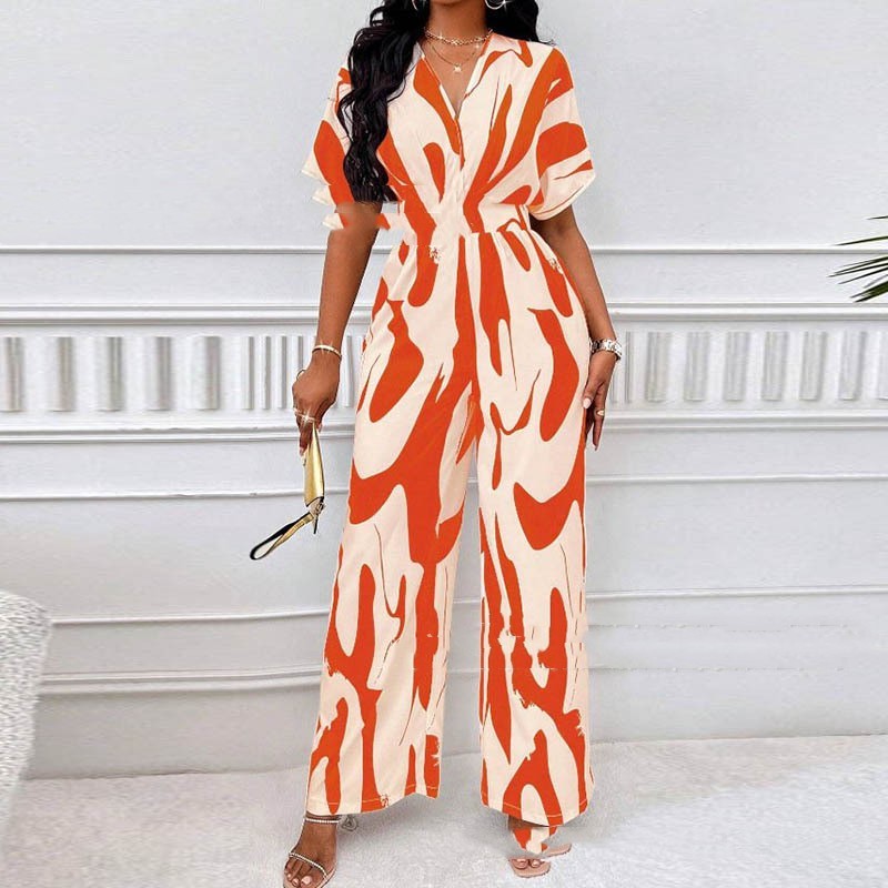 Red - V-neck Loose Printed Long Jumpsuit for Women - womens jumpsuit at TFC&H Co.