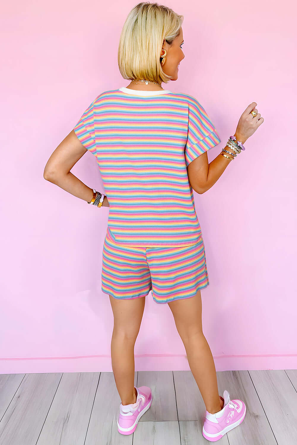 - Pink Stripe Crew Neck Tee and Tasseled Drawstring Shorts Outfit Set - womens short set at TFC&H Co.