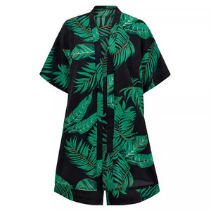 - 2pcs Casual Leaf Print Summer Short Sleeve Shirt Top And Drawstring Shorts Outfit Sets For Women - womens short set at TFC&H Co.