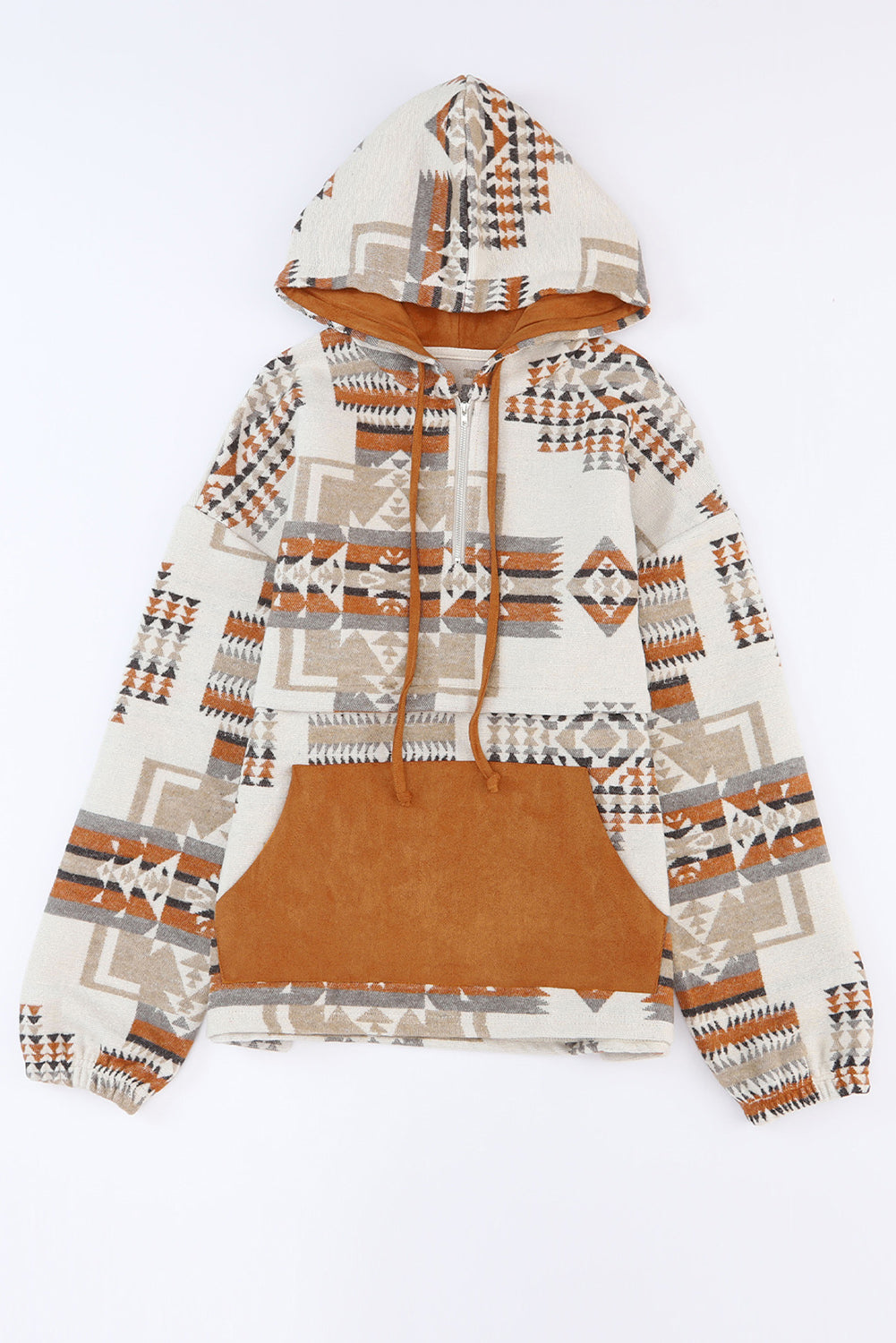 - Beige Aztec Print Kangaroo Pocket Half-Zip Hoodie - womens hoodie at TFC&H Co.
