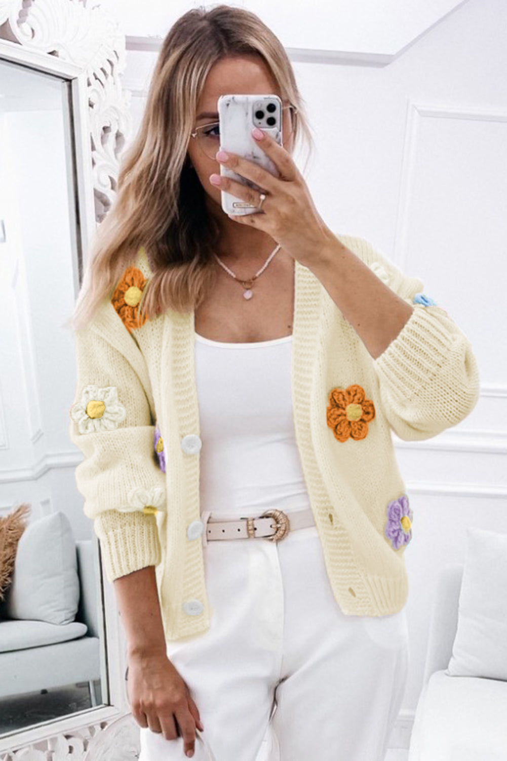 Cute Flower Embellished Buttoned Women's Cardigan Sweater - women's cardigan at TFC&H Co.