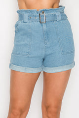 LIGHT DENIM - Belted Paperbag Denim Shorts - 3 colors - Ships from The US - womens denim shorts at TFC&H Co.