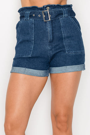 DARK DENIM - Belted Paperbag Denim Shorts - 3 colors - Ships from The US - womens denim shorts at TFC&H Co.