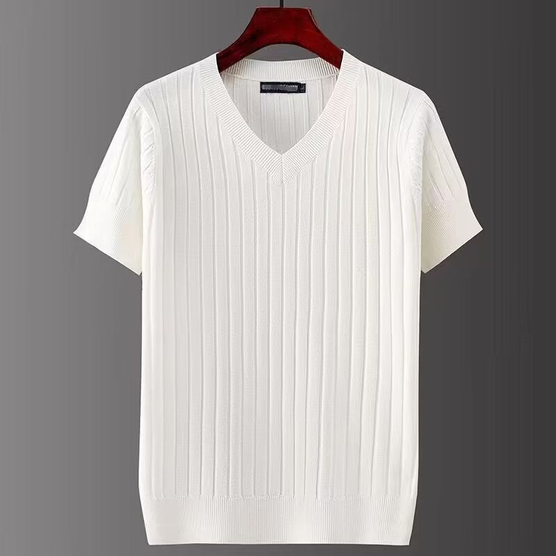 White - Men's Short-sleeved V-neck Knitted T-shirt - mens shirt at TFC&H Co.