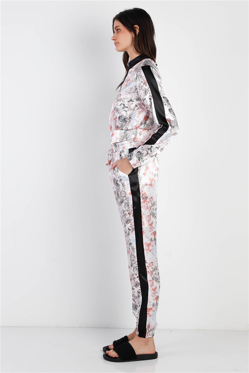 Black Contrast Satin Effect Multi Color Print Zip-up Jacket & Pants Outfit Set - women's pants set at TFC&H Co.