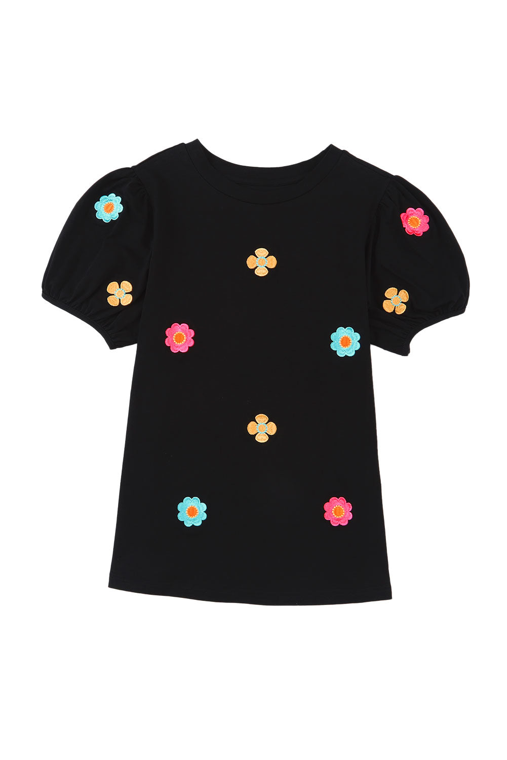 - Embroidered Flower Short Puff Sleeve Tee - womens t-shirt at TFC&H Co.