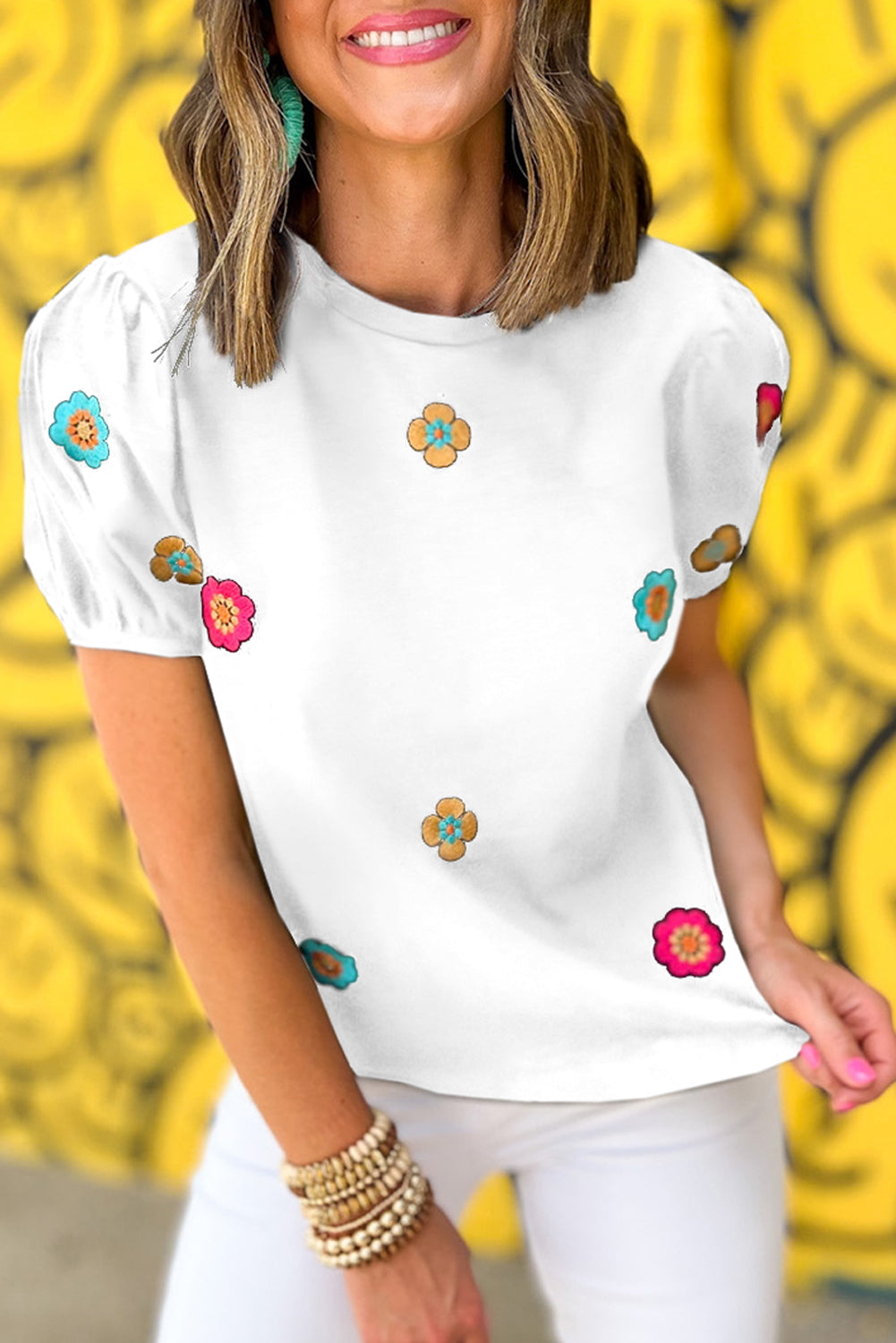 WHITE 95%COTTON+5%ELASTANE - Embroidered Flower Short Puff Sleeve Tee - womens t-shirt at TFC&H Co.