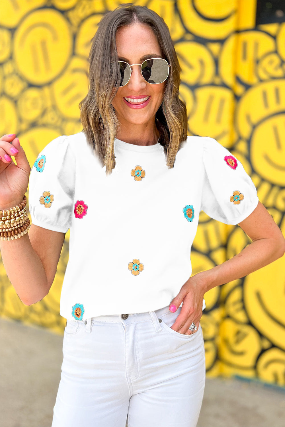 Embroidered Flower Short Puff Sleeve Tee - women's t-shirt at TFC&H Co.