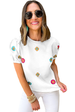 - Embroidered Flower Short Puff Sleeve Tee - womens t-shirt at TFC&H Co.