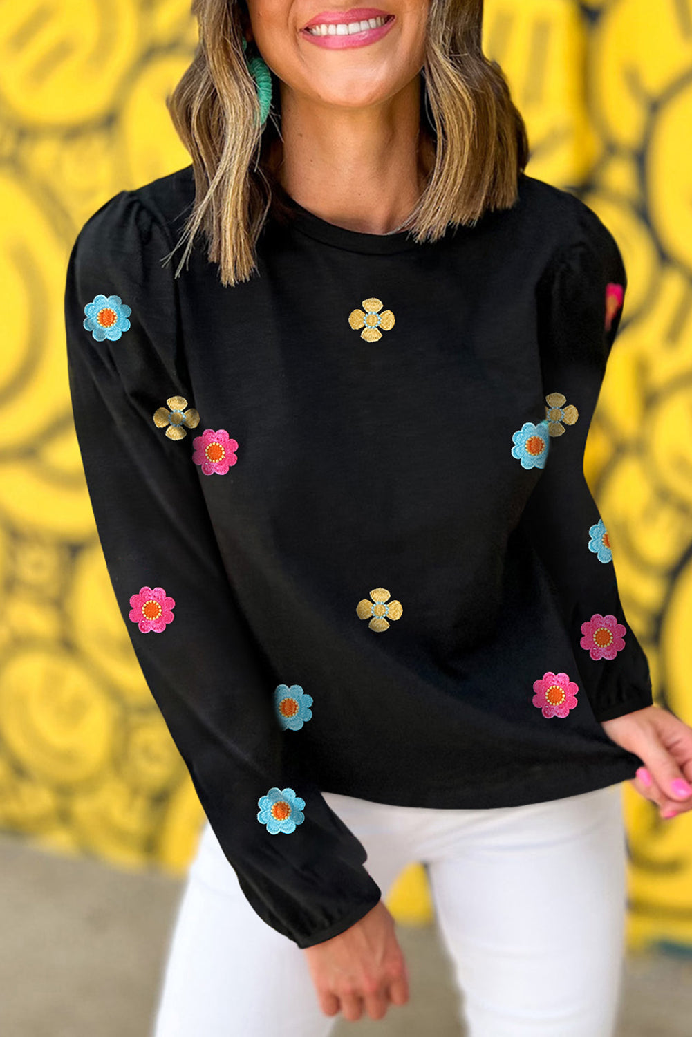 Black - long sleeve 95%Cotton+5%Elastane - Embroidered Flower Short Puff Sleeve Tee - womens t-shirt at TFC&H Co.