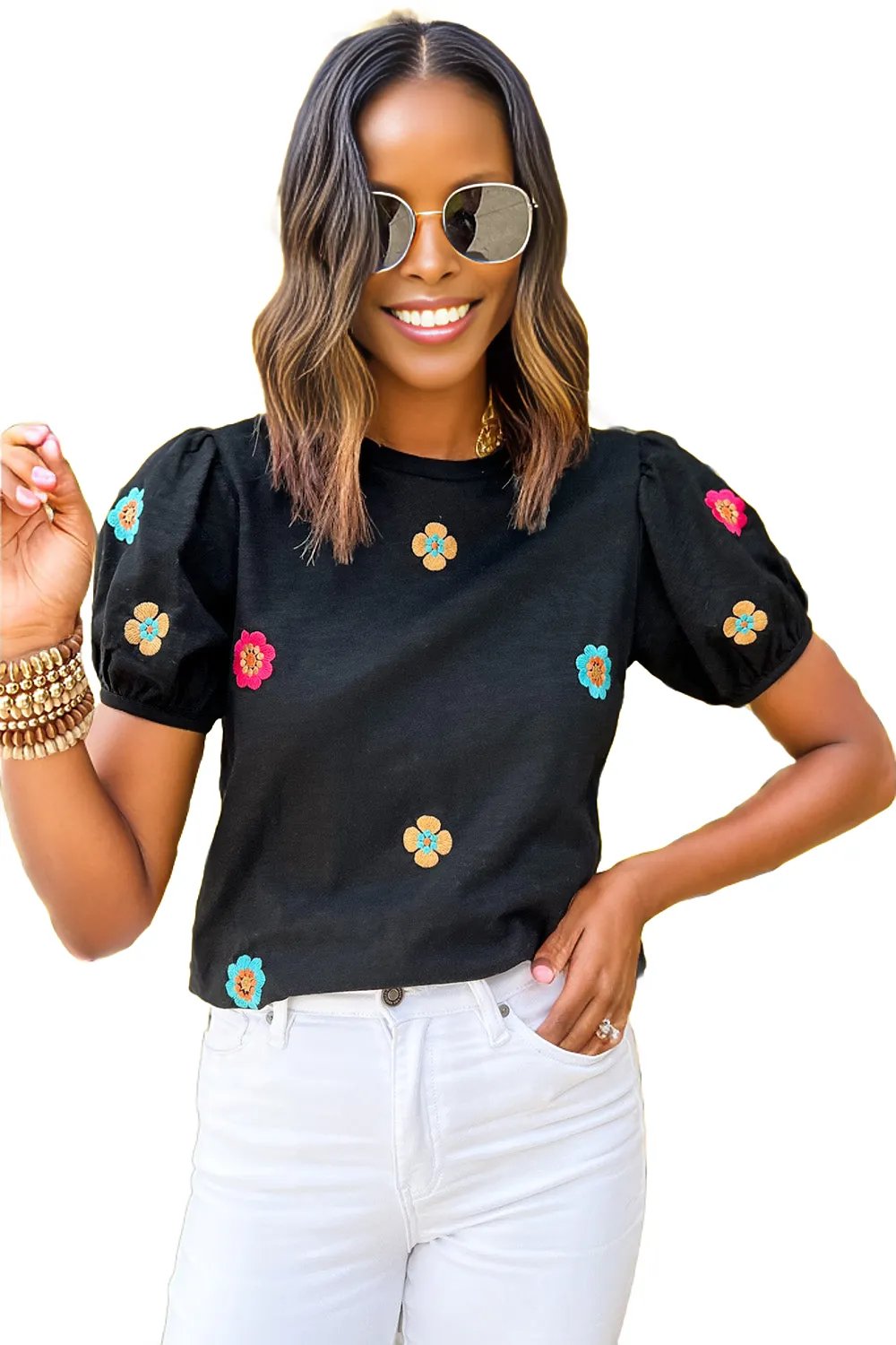 Black Embroidered Flower Short Puff Sleeve Tee - Shop Women's Stylish T-shirts at TFC&H Co.