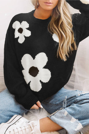 Black/White Black Flower Pattern Ribbed Trim Knit Sweater - Sweaters at TFC&H Co.
