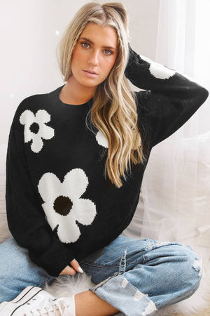 Black Flower Pattern Ribbed Trim Knit Sweater - Sweaters at TFC&H Co.