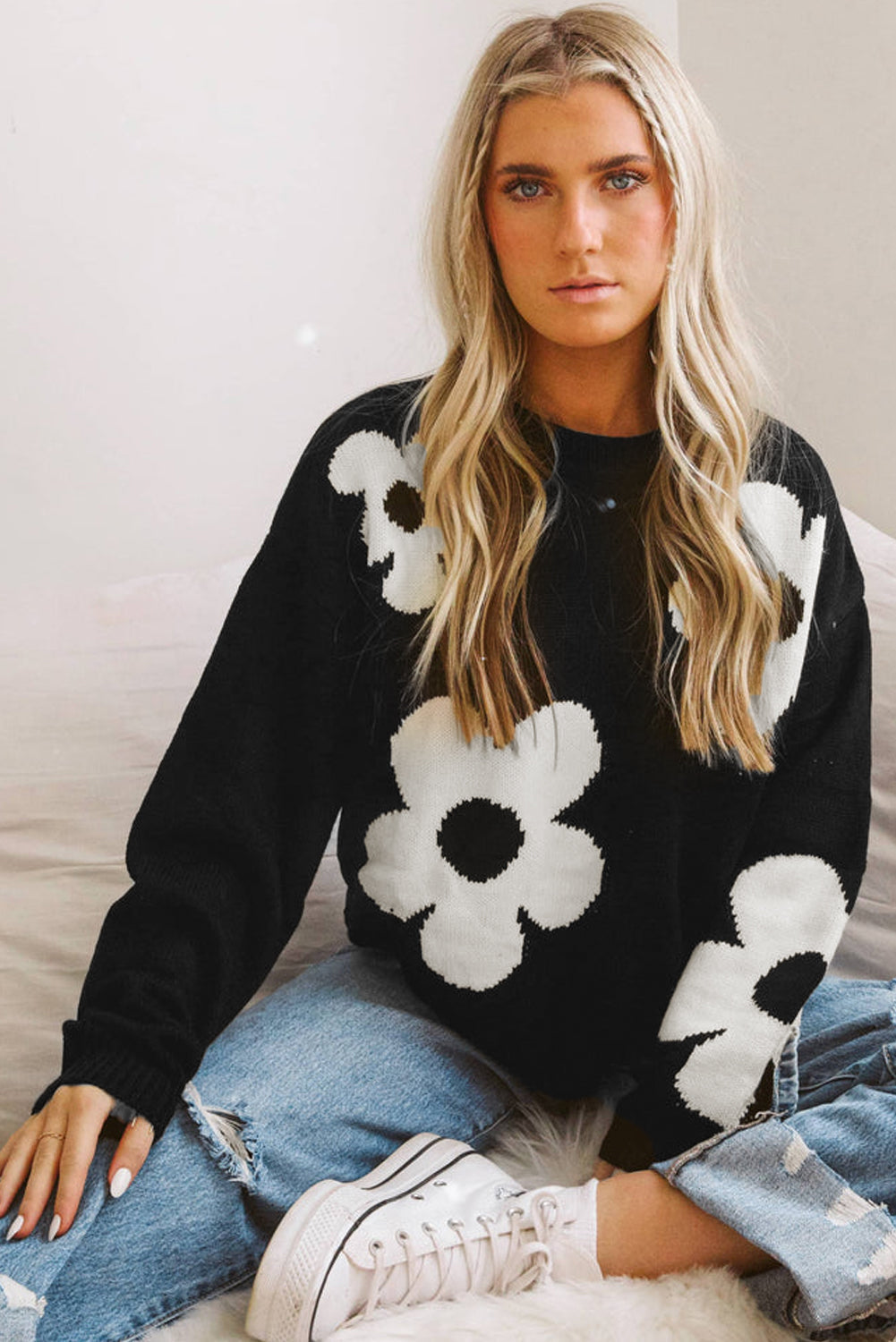 Black Flower Pattern Ribbed Trim Knit Sweater - Sweaters at TFC&H Co.
