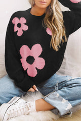 Black/Pink Black Flower Pattern Ribbed Trim Knit Sweater - Sweaters at TFC&H Co.