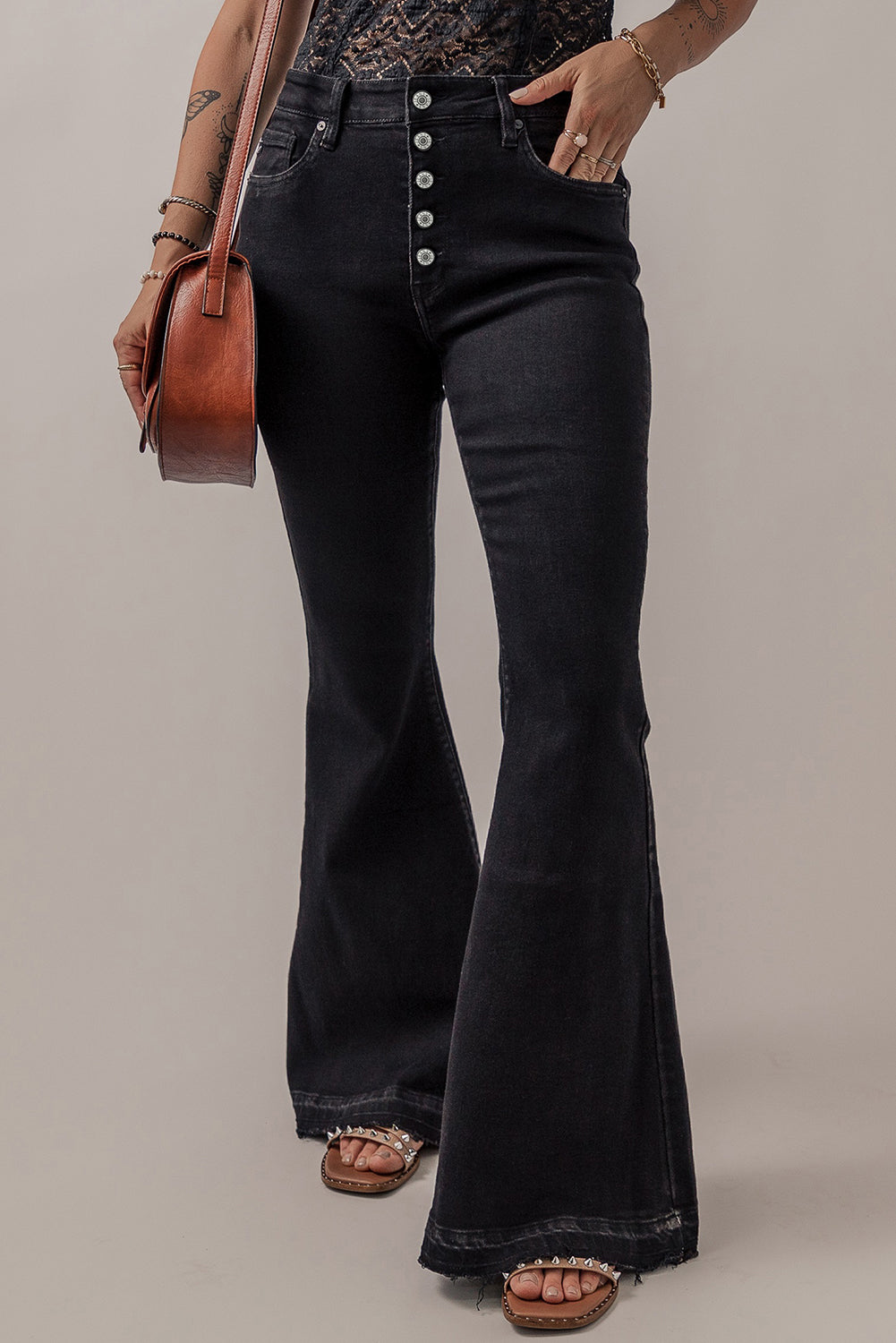 Black 71%Cotton+27.5%Polyester+1.5%Elastane Black High Waist Button Front Women's Flare Jeans - women's jeans at TFC&H Co.
