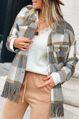 Medium Grey 100%Polyester Plaid Snap Button Pocket Fringed Hem Jacket - women's jacket at TFC&H Co.