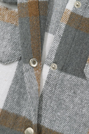Plaid Snap Button Pocket Fringed Hem Jacket - women's jacket at TFC&H Co.