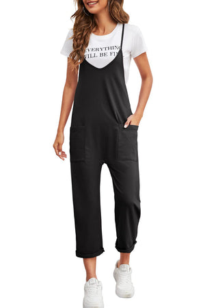 Black Pocketed Adjustable Spaghetti Strap Straight Leg Jumpsuit - Jumpsuits & Rompers at TFC&H Co.