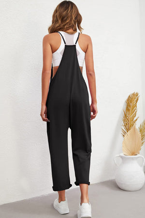 Black Pocketed Adjustable Spaghetti Strap Straight Leg Jumpsuit - Jumpsuits & Rompers at TFC&H Co.