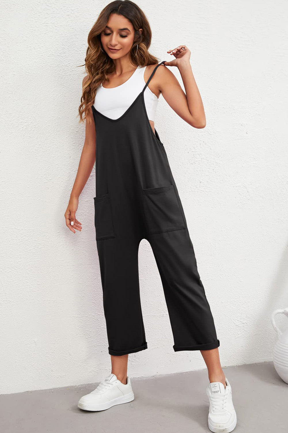 - Black Pocketed Adjustable Spaghetti Strap Straight Leg Jumpsuit - Jumpsuits & Rompers at TFC&H Co.