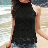 black - Fashion Pure Color Scalloped Lace Halter Top For Women - womens halter top at TFC&H Co.