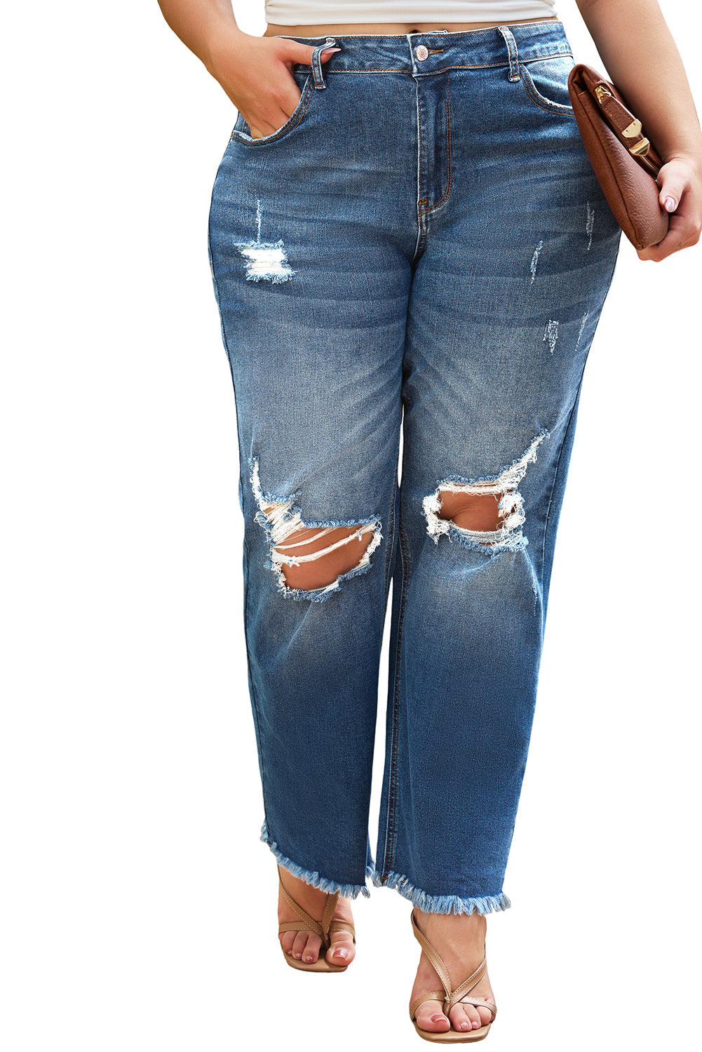 Blue Voluptuous (+) Plus Size Open Knee Distressed Jeans - women's jeans at TFC&H Co.