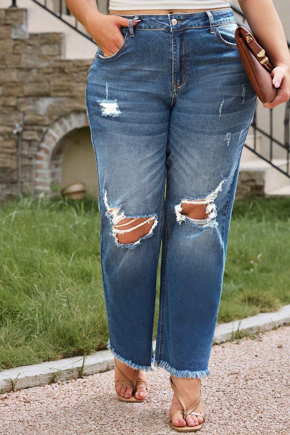 Blue 70%Cotton+28.5%Polyester+1.5%Elastane - Blue Voluptuous (+) Plus Size Open Knee Distressed Jeans - womens jeans at TFC&H Co.