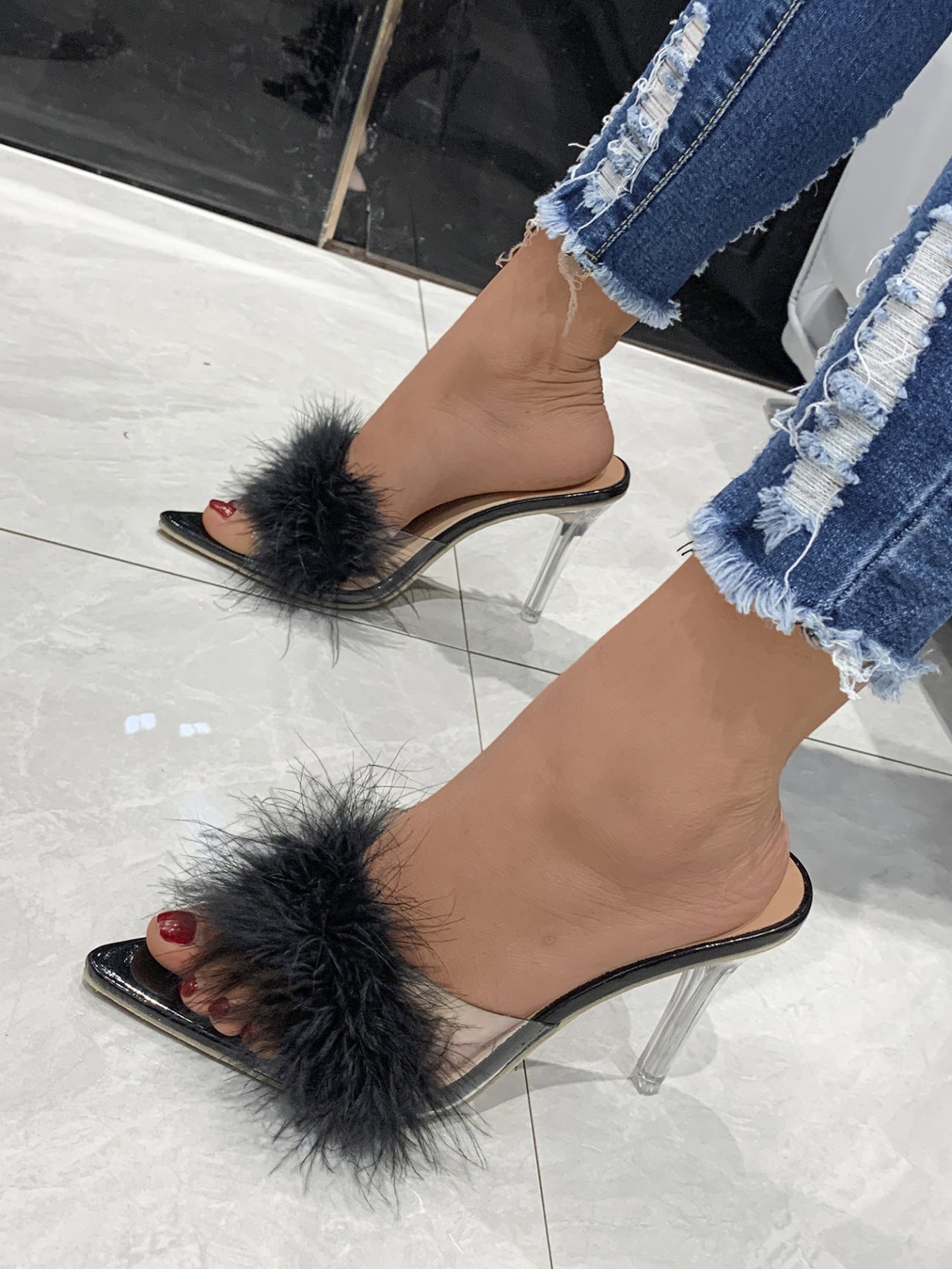 Black Boa Pointed Toe Stiletto Sandals For Women - women's shoes at TFC&H Co.