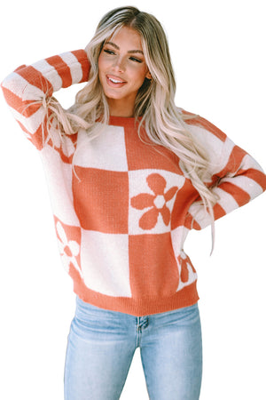 - Checkered Floral Print Striped Sleeve Sweater - womens sweater at TFC&H Co.