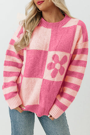 - Checkered Floral Print Striped Sleeve Sweater - womens sweater at TFC&H Co.