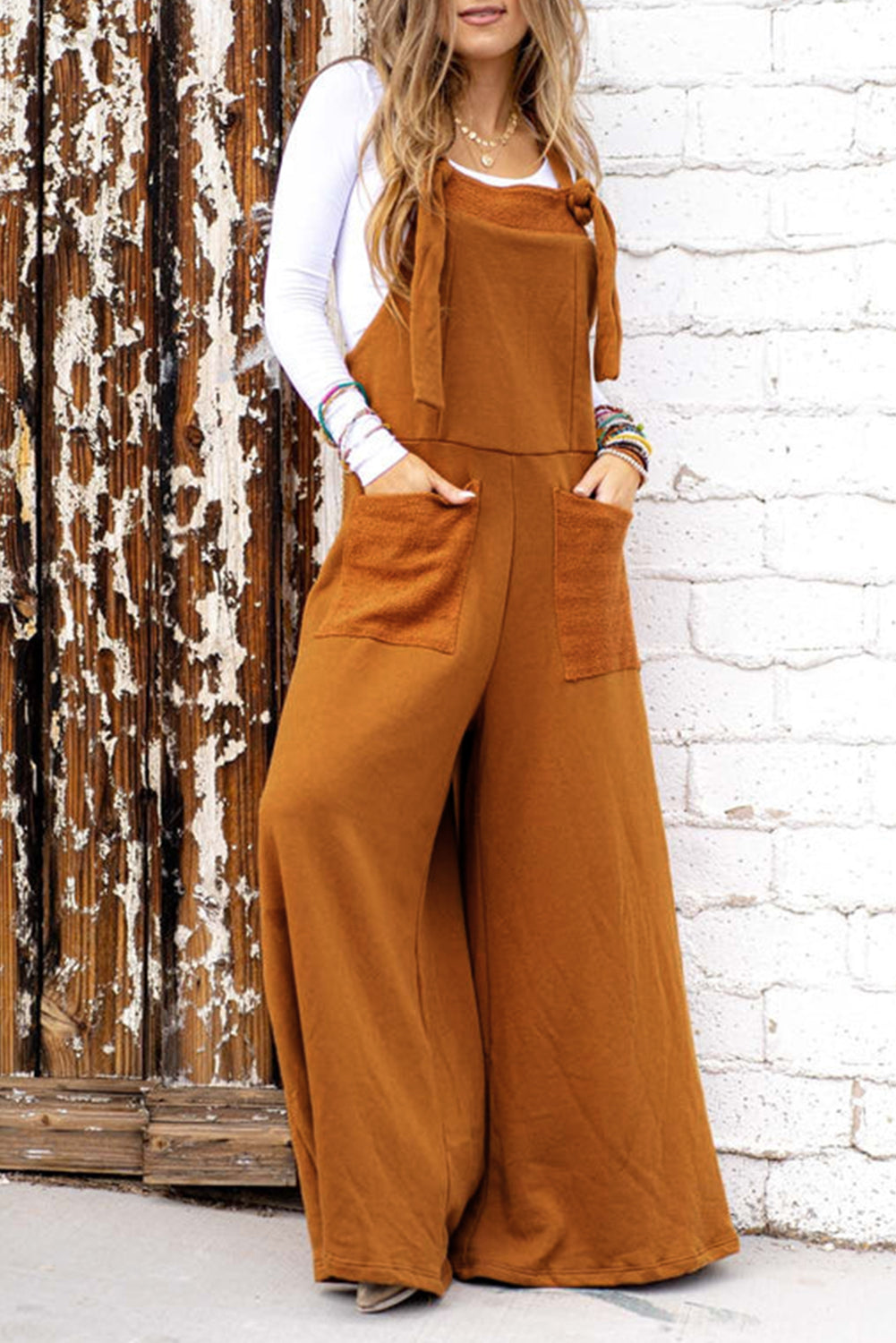 Brown - Patch Pocket Knot Strap Wide Leg Overall - Jumpsuits & Rompers at TFC&H Co.