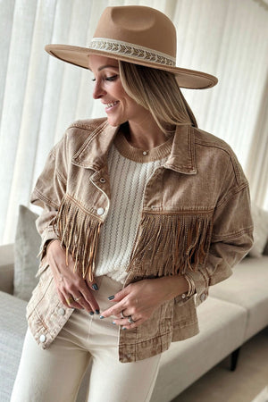 Brown Rhinestone Fringed Cowgirl Fashion Denim Jacket - women's jacket at TFC&H Co.
